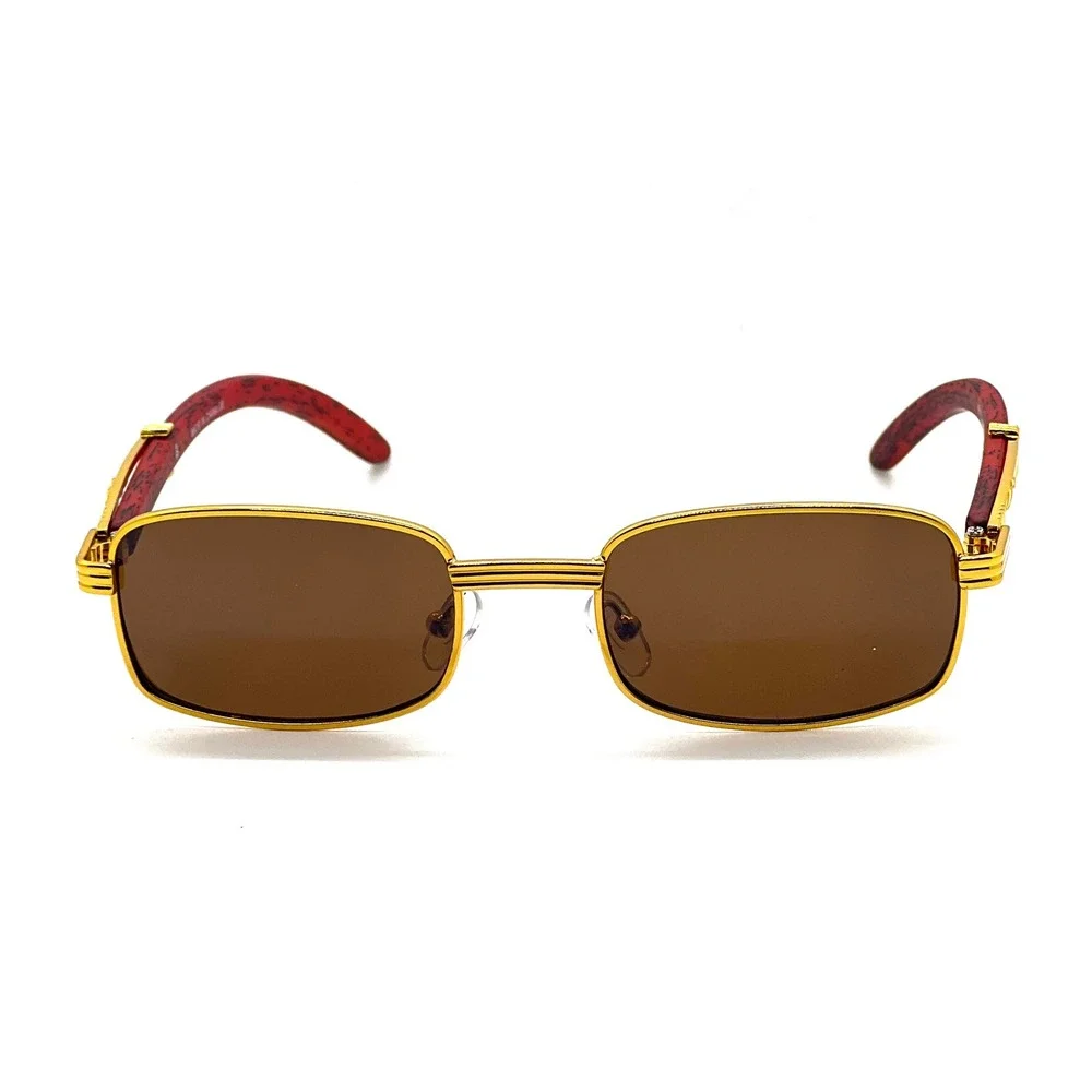 Gold Frame Sunglasses Brown Lens Wood Arms Rectangular Mens Fashion Small Shades